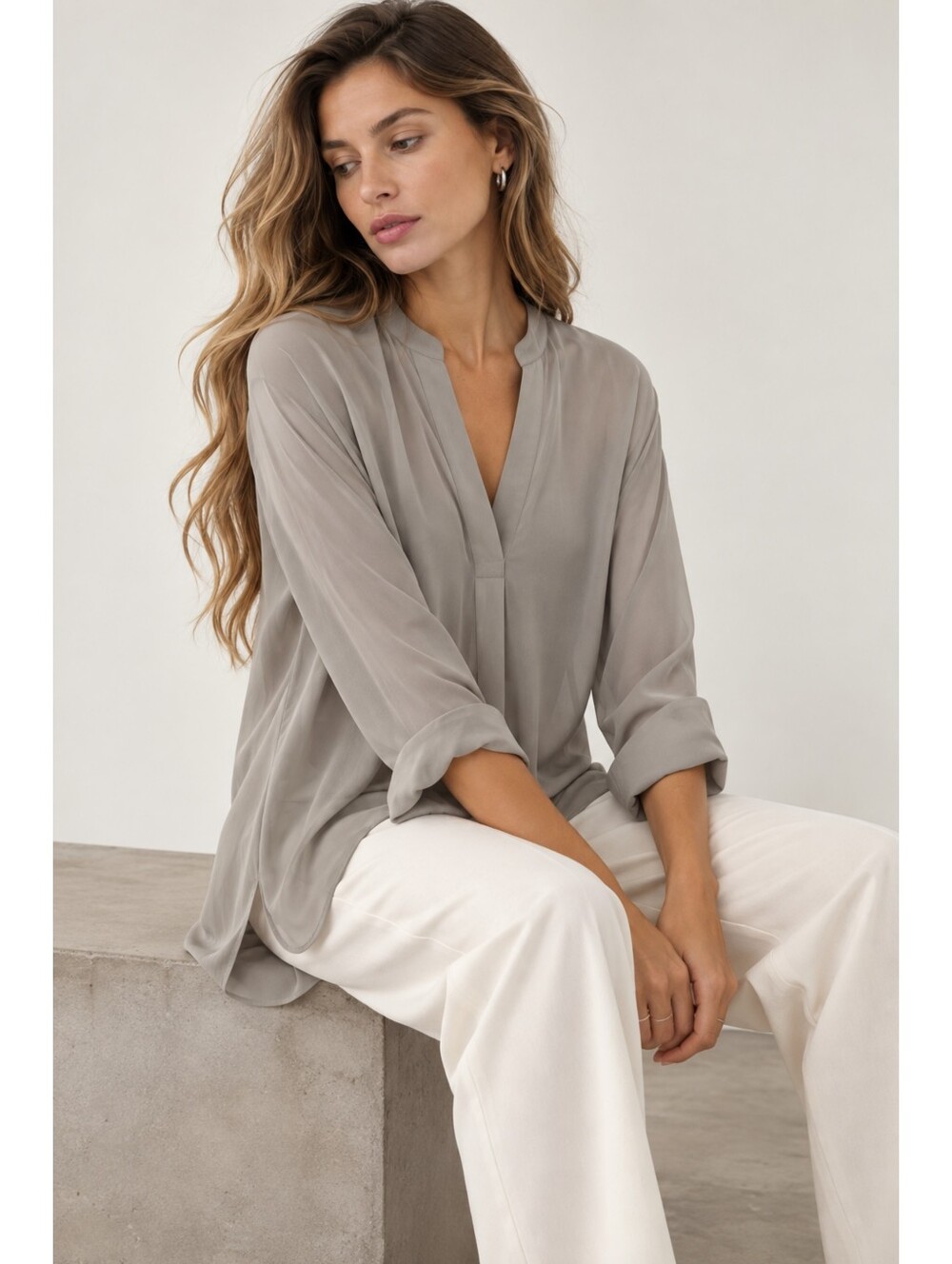 Vince 100% Silk Blouse Taupe Stone Minimalist Quiet Luxury Size Small